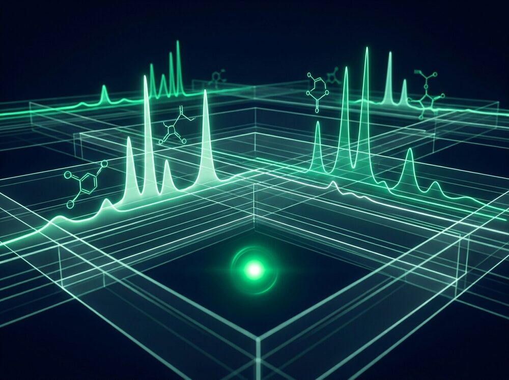 Analytical traces rendered as emerald peaks of light
