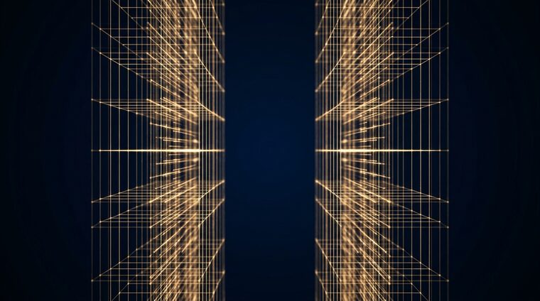 A balanced ledger rendered as two luminous columns of data