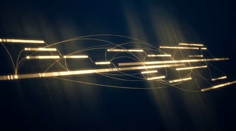 A project timeline rendered as connected bars of light