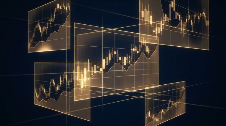 Financial charts rendered as glowing holographic planes