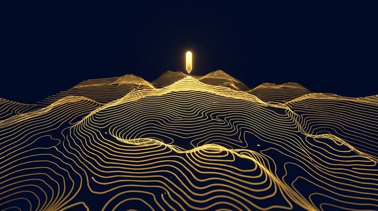 A market landscape drawn as glowing gold contour lines