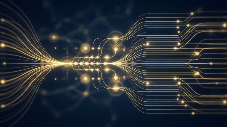 A support queue rendered as converging streams of light