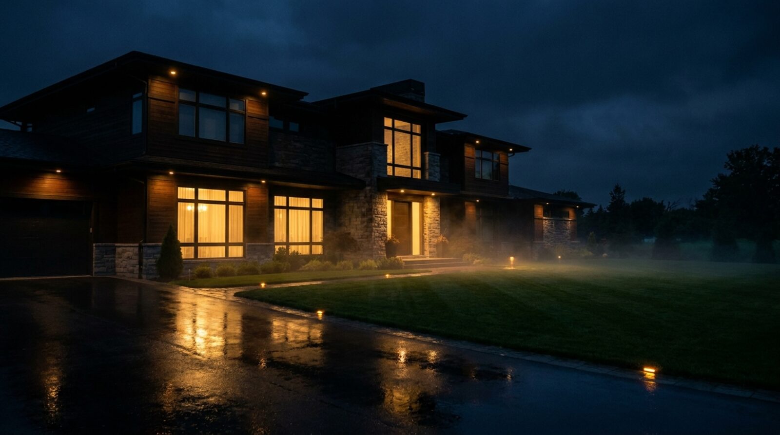 A protected residence at night, perimeter monitored
